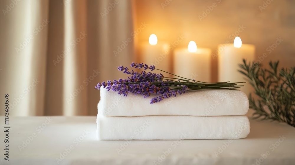 Poster soft white spa towels adorned with a fragrant lavender sprig create a tranquil atmosphere, illuminat