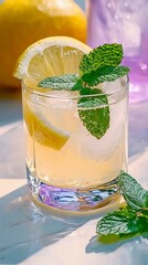 Fototapeta premium Refreshing Crystal Clear Lemonade with Mint Garnish in a Stylish Glass, Perfect for Summer and Outdoor Gatherings, Highlighting Fresh Ingredients and Vibrant Colors