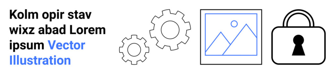 Gears, image frame, and lock icon convey concepts of technology, security, and creativity. Ideal for tech services, security systems, software development, digital content automation innovation