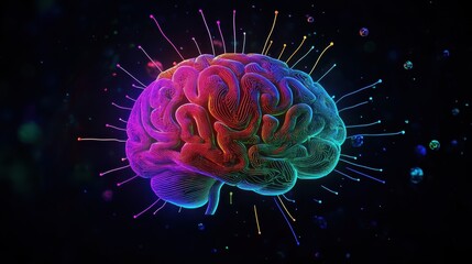 Fototapeta premium Colorful neon brain, vibrant rainbow colors, anatomical brain illustration, glowing neural pathways, cosmic background, stars, digital art, 3D rendering, psychedelic, neuroscience visualization, abstr