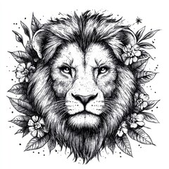 Obraz premium A detailed illustration of a lion's head surrounded by flowers and leaves.