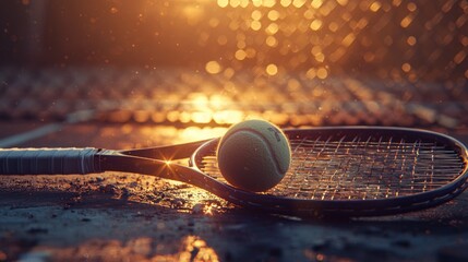 Golden Hour Tennis: Racket and Ball at Sunset