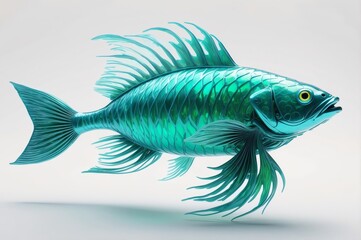 Teal metallic fish, 3D render, isolated on white background.