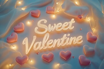 Sweet valentine neon sign surrounded by pink heart-shaped candies and fairy lights