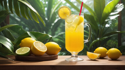 Fresh orange juice in glass cup next to a sliced orange