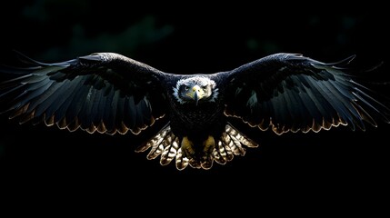 Naklejka premium Majestic Black Eagle Soaring High in the Dramatic Sky with Powerful Silhouetted Wings Spread