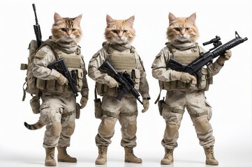 Fototapeta premium Three cats in military uniforms holding rifles.