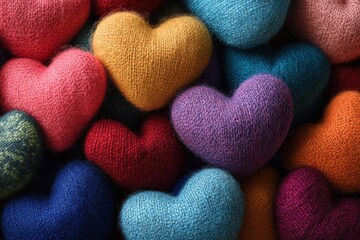 Obraz premium Colorful knitted heart cushions in various textures and shades
