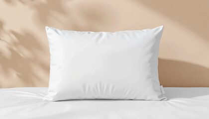 Pillow Mockup with Tag, White pillow on bed against beige wall