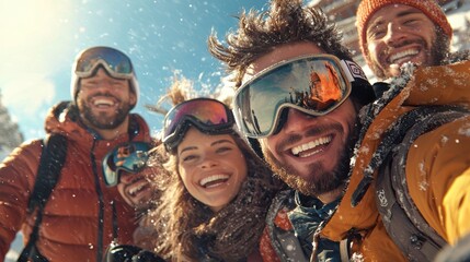 A joyful group of four friends takes a selfie on a snowy mountain, wearing ski gear and enjoying a sunny day.