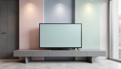 3D TV in Office Setting, Modern living room with a gray TV stand and pastel walls