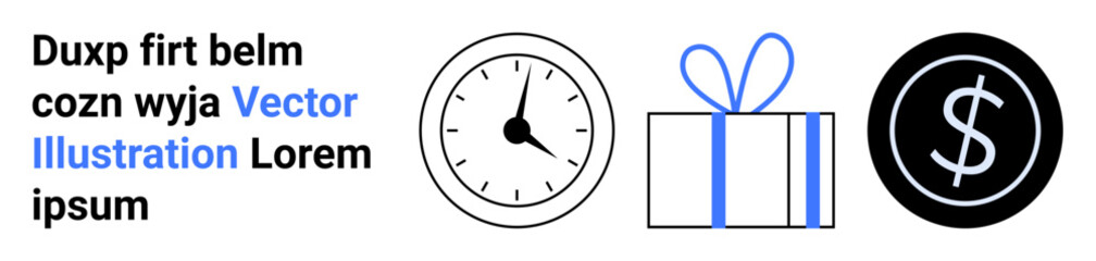 Clock icon indicating time, gift box with blue ribbon symbolizing holiday or special occasion gifts, and dollar coin suggesting financial matters thumbs up budgeting or investments. Ideal for time