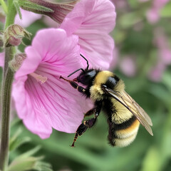 A stunning close-up of a bee collecting nectar from a vibrant flower, showcasing the beauty of nature’s pollination process. This image captures the delicate relationship between bees and flowers, hig