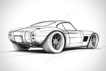 Naklejka premium Drawing of a car with a large wheel and a small wheel. The car is white and has a black tail light