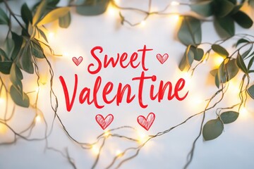 Sweet valentine decorative lights and leaves with handwritten red script