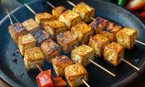 Fried paneer tikka 9on skewers in a plate, closeup