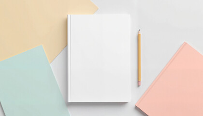 Book Mockup with Pencil, Blank notebook surrounded by colorful paper shapes