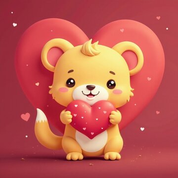Cute cartoon animals holding hearts, romantic background, icon set, cat, design