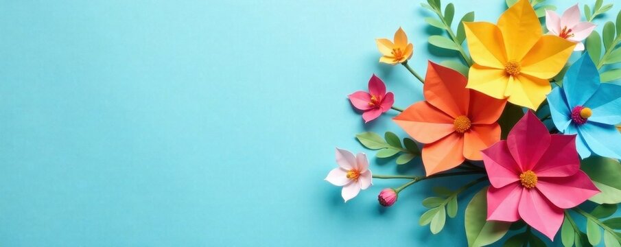 Colorful handmade paper flower bouquet, light blue background, empty center, light blue, invitation