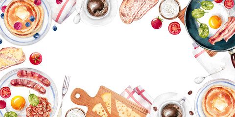 Breakfast and crockery hand drawn illustration frame isolated on white background for food design