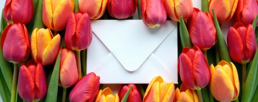 White envelope nestled amongst vibrant tulips , wedding, bright, fresh