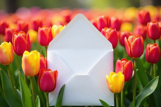 White envelope nestled amongst vibrant tulips, spring scene, still life, romantic, illustration