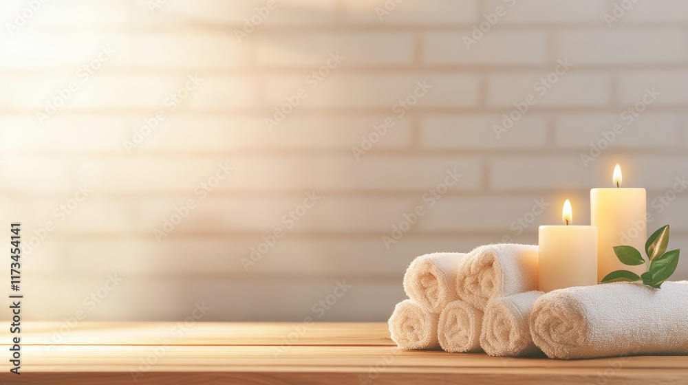 Poster rolled white spa towels resting on a wooden table alongside lit candles and a green sprig create a t