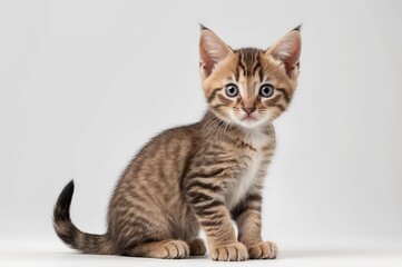 Fototapeta premium Adorable tabby kitten sitting on white background.