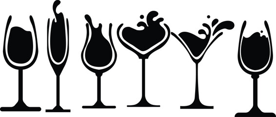 Set of wine glass vector illustration,Set of vector wine glasses,Set of transparent vector glasses for wine, martini, champagne and other, Silhouettes of wineglasses and bottles