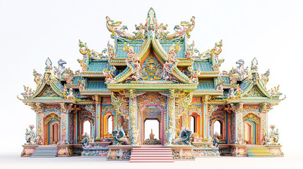 Artwork Featuring a Beautifully Decorated Temple with Vibrant Colors and Artistic Elements, Set Against a Serene Background of Trees and a Clear Sky to Invite Exploration of Its Spiritual Essence