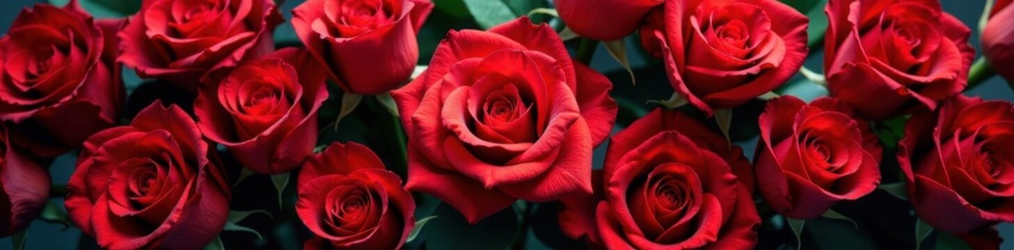 Vibrant red rose blooms in a lavish arrangement , red, vibrant, macro