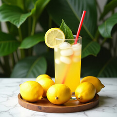 Fresh orange juice in glass cup next to a sliced orange