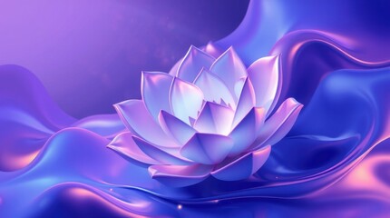 Elegant lotus flower blooms in a surreal purple landscape with flowing waves and mesmerizing colors at twilight