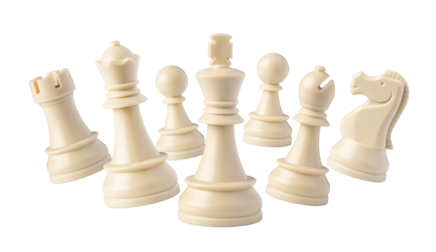 White chess pieces floating on white background