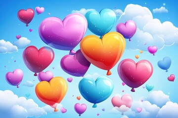 Colorful heart balloons floating in a cloudy blue sky
