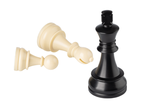 Black king standing while white pawns are down on white background