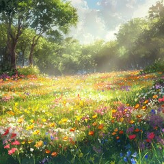 Fototapeta premium A colorful meadow filled with wildflowers under a bright sky, surrounded by lush trees, embodying the tranquility and beauty of nature.