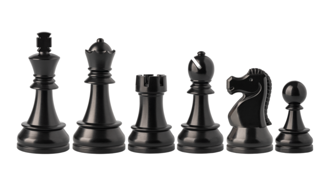 Black and white chess pieces floating on white background