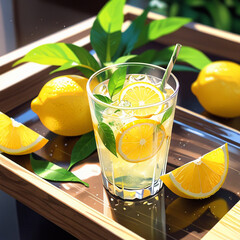 Fresh orange juice in glass cup next to a sliced orange