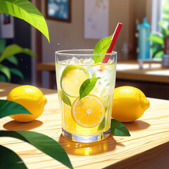 Fresh orange juice in glass cup next to a sliced orange