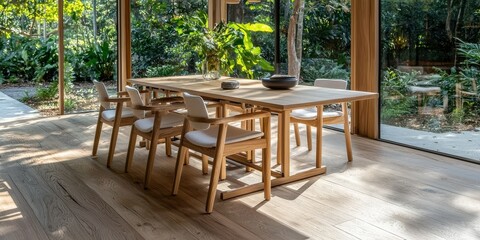 Fototapeta premium Elegant dining area with natural light, featuring a wooden table and serene surroundings.