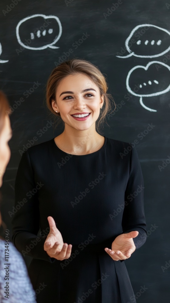 Poster businesswoman explaining business strategy to colleagues in a meeting room, gesturing with hands in 