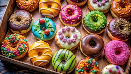 "Overhead shot of assorted donuts in a box, vibrant colors and decoration