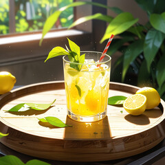 Fresh orange juice in glass cup next to a sliced orange