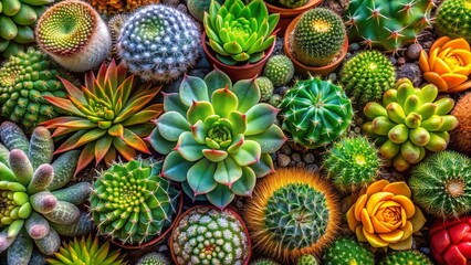 Fototapeta premium Overhead View of Diverse Succulent Cactus Collection - Vibrant Desert Plants