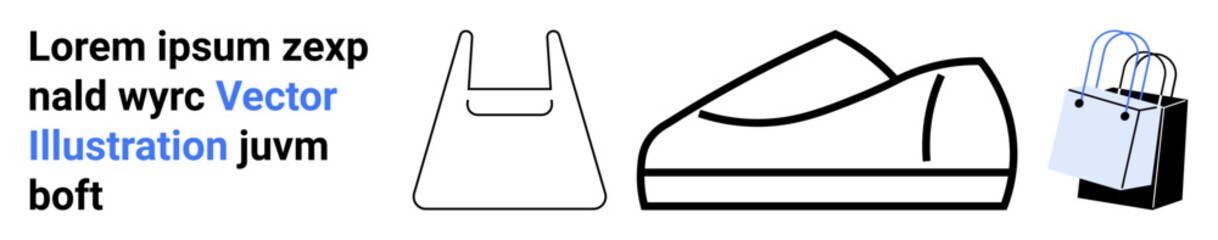 Black and white line drawing of a tote bag, sneaker, and shopping bag. Ideal for fashion, retail, shopping, minimalism, modern design, vector art, marketing. Landing page