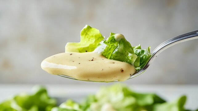 Caesar salad sauce on a spoon with a minimalist light background 