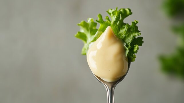 Caesar salad sauce on a spoon with a minimalist light background 
