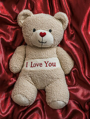 Plush Teddy Bear I Love You Red Satin Background
