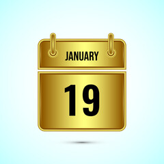 January 19 calendar and time planner on gold background. Daily calendar icon, schedule symbol